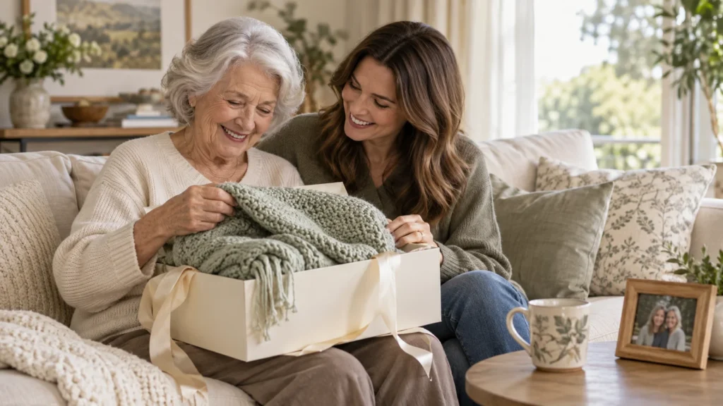 Older woman opening a gift box with another woman beside her on a sofa.