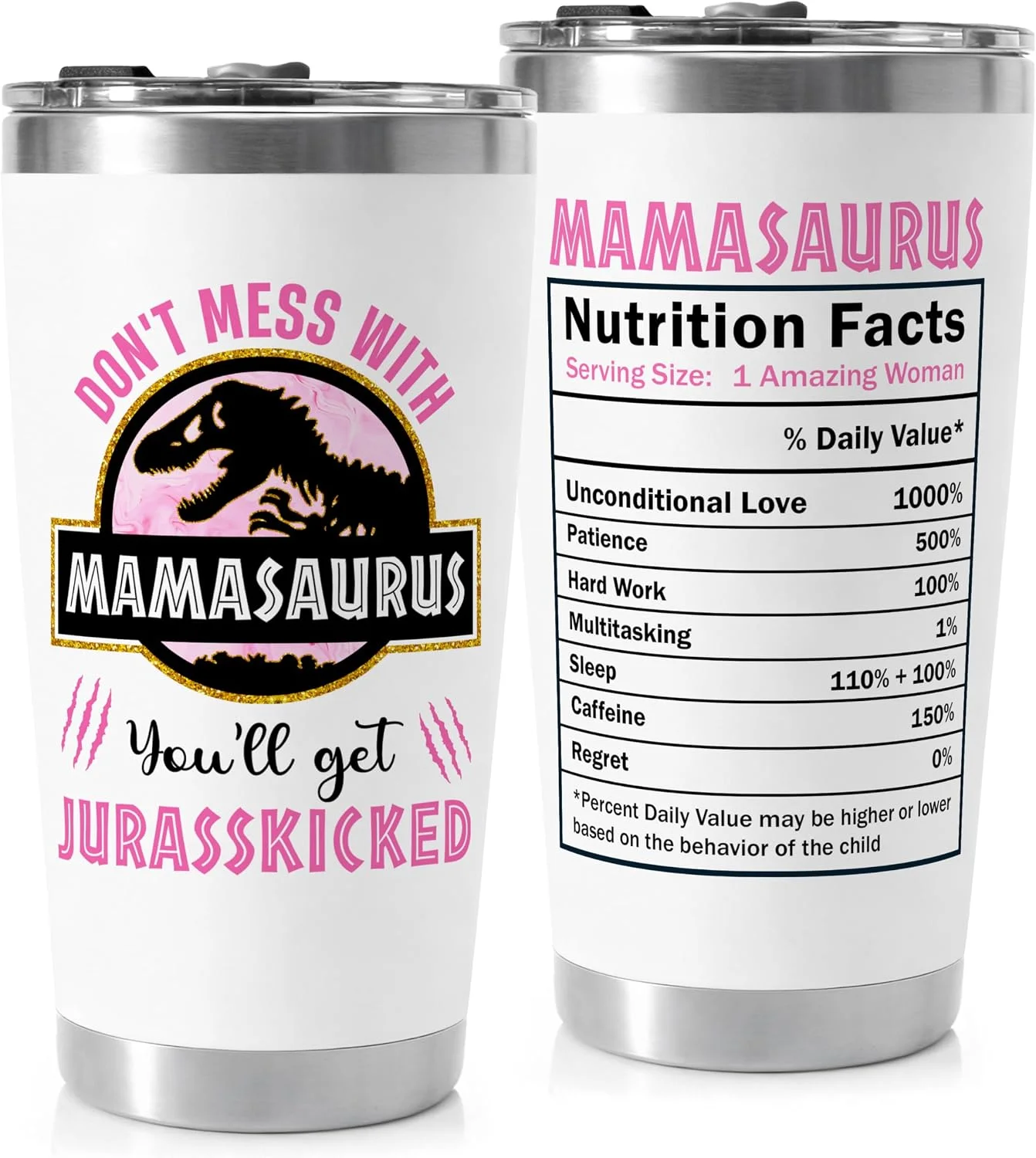 Front and back views of a white Mamasaurus tumbler with pink lettering and a dinosaur design.