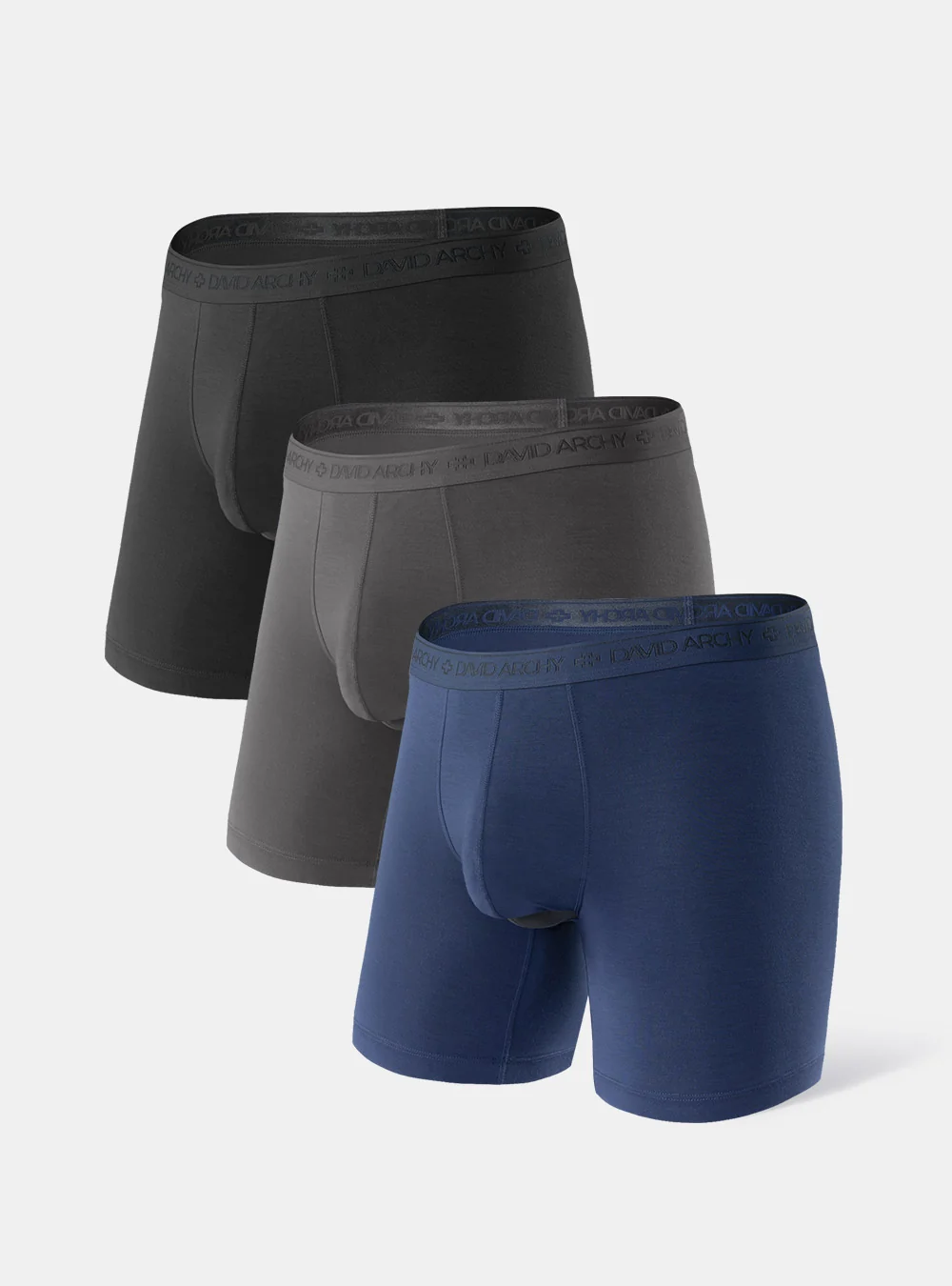 David Archy Presents For Him: Everyday Basics and Cozy Evenings 7 Three David Archy boxer briefs in black, gray and blue