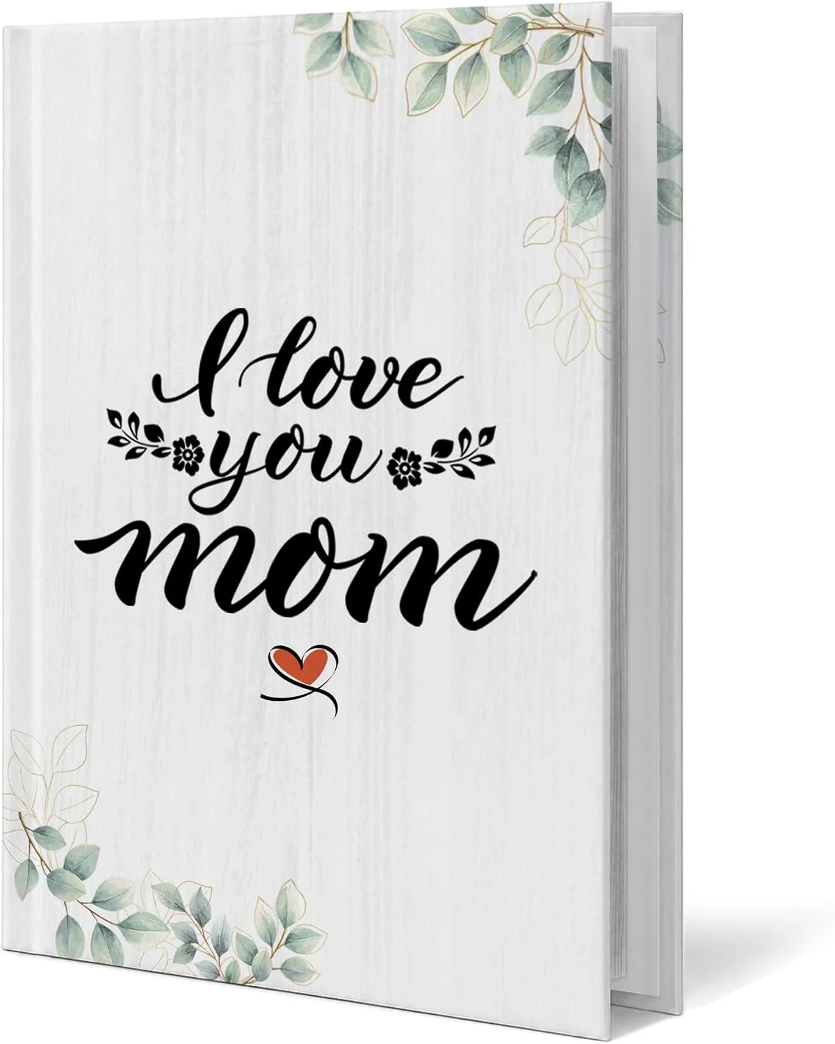 White photo album with botanical details and I love you mom lettering on the cover.
