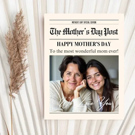 Framed Mother’s Day newspaper-style poster with a photograph of two women.