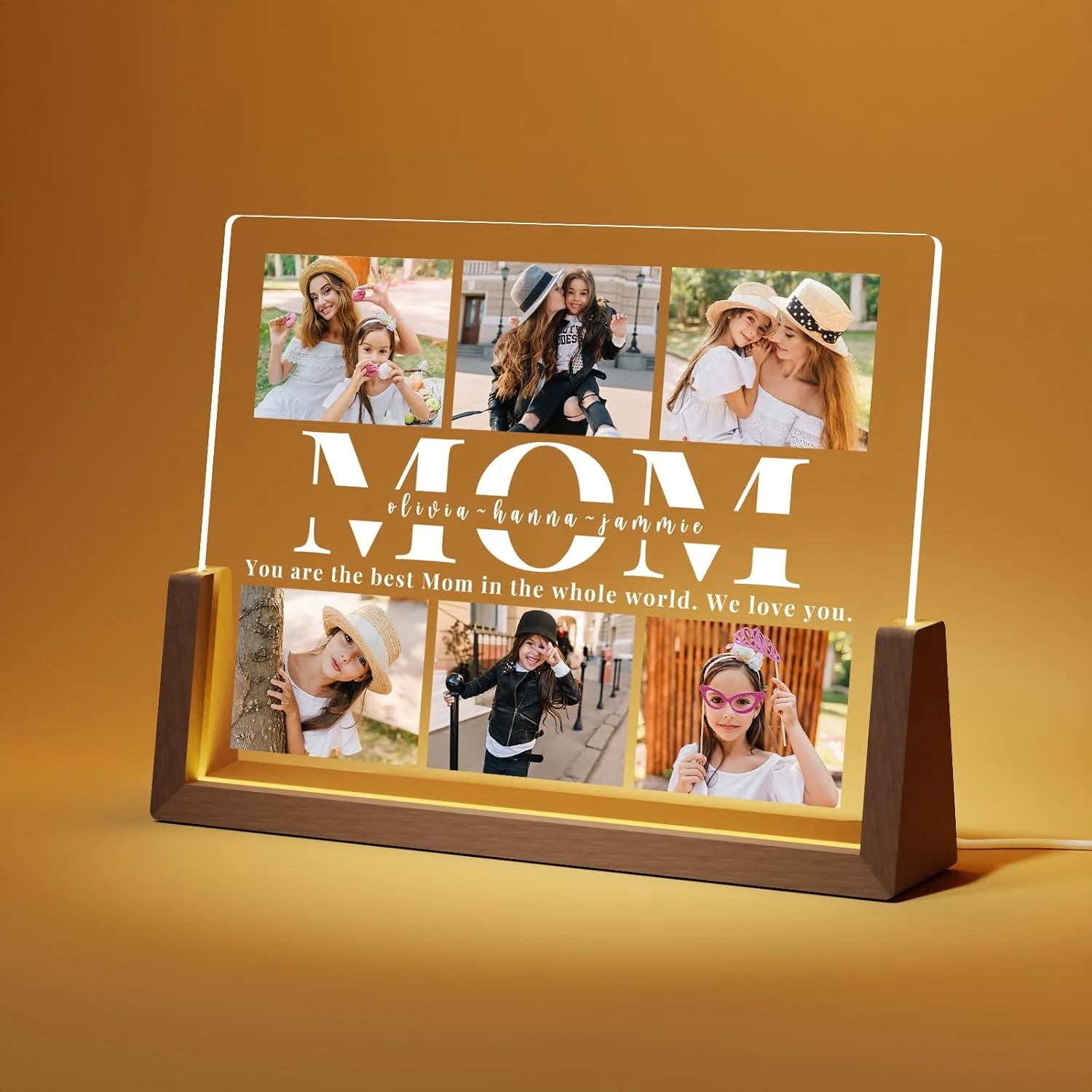 Personalized acrylic MOM photo plaque with a collage of family photos on an illuminated base.
