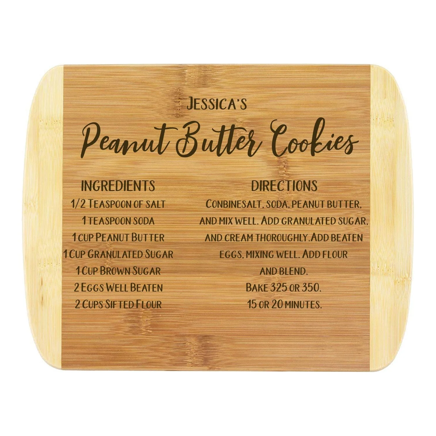Bamboo recipe board engraved with a personalized peanut butter cookie recipe.