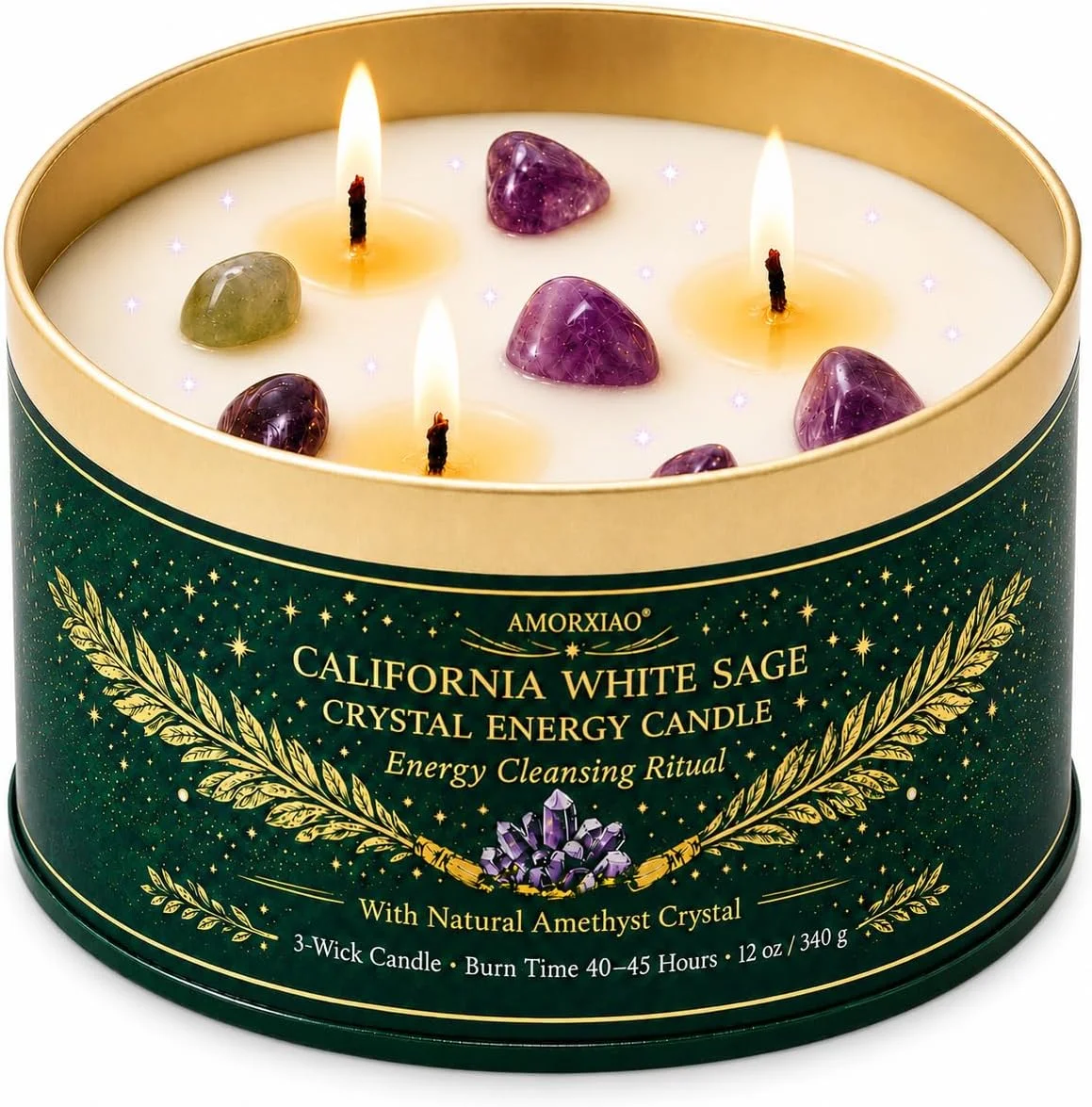 Three-wick white sage candle with decorative stones in a dark green tin.