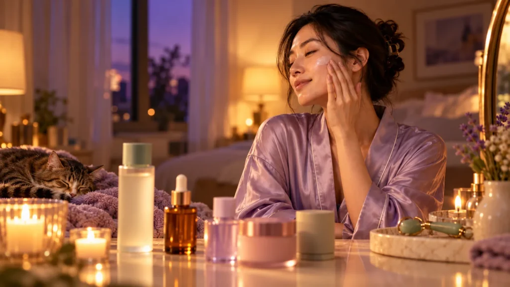A woman smooths cream onto her cheek at a candlelit vanity with a few skincare bottles during her evening routine.