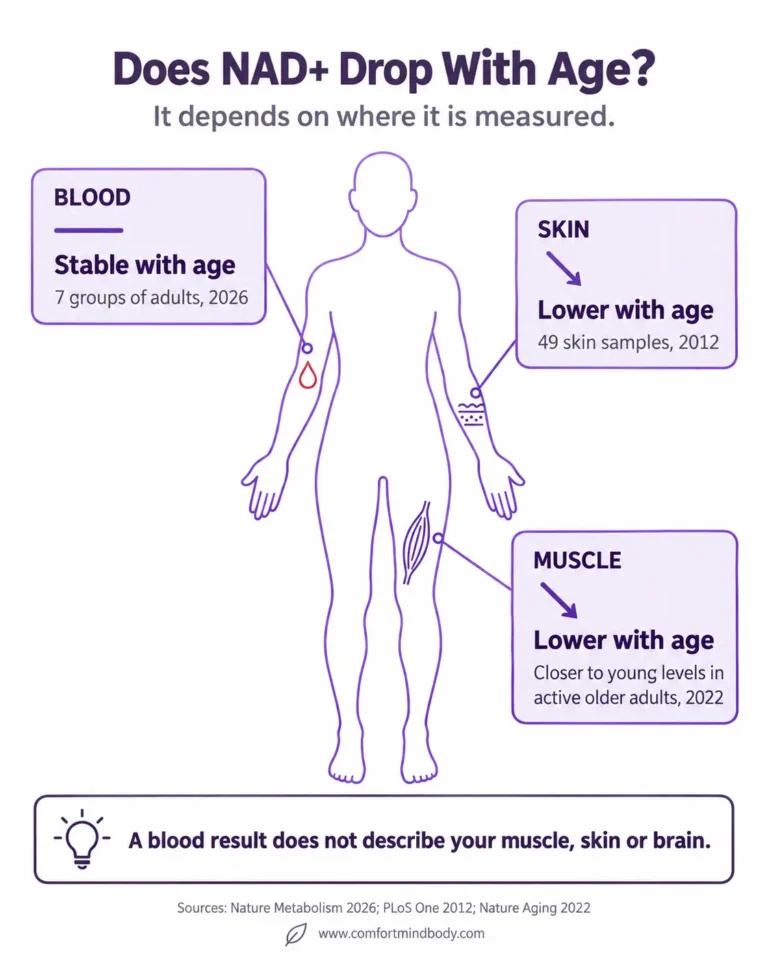does NAD+ drop with age? Human studies found whole-blood NAD+ stable with age, while skin and muscle NAD+ were lower in older adults, with active older adults closer to young muscle levels.
