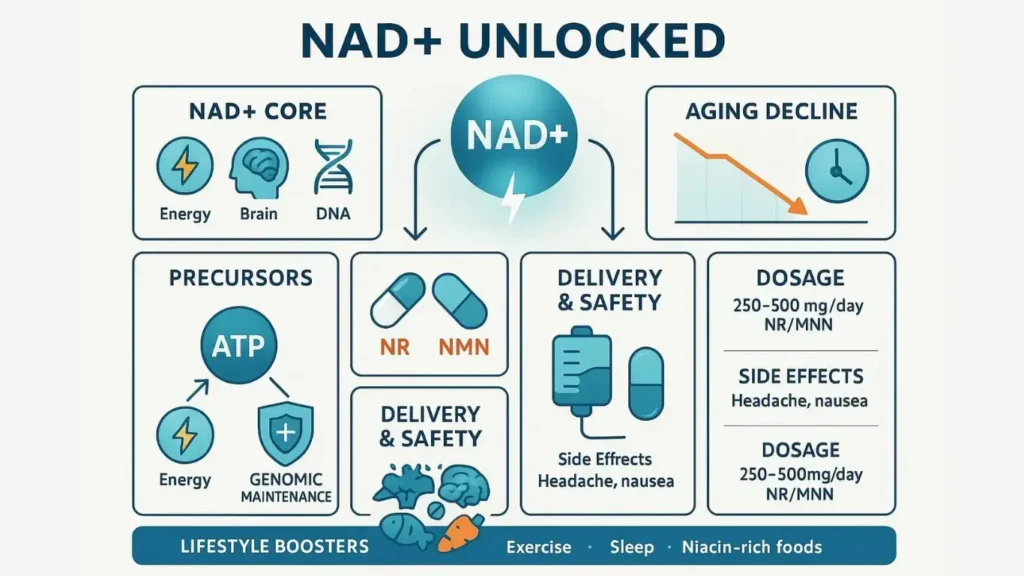 NAD+ Unlocked infographic explaining how NAD+ supports cellular energy, brain function and DNA repair, how levels decline with aging, and how precursors and lifestyle can help maintain it. The center shows a large NAD+ circle connected to three panels: ‘NAD+ Core’ (icons for energy, brain, DNA), ‘Precursors’ (ATP for energy and genomic maintenance, plus NR and NMN capsules), and ‘Aging Decline’ (a downward line graph and clock indicating reduced NAD+ over time). Additional panels describe delivery and safety of NAD+ IV drips and oral capsules, common side effects like headache and nausea, and suggested daily dosages of 250–500 mg of NR or NMN. A bottom banner highlights lifestyle boosters—exercise, good sleep, and niacin‑rich foods—as natural ways to support healthy NAD+ levels.