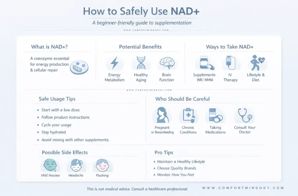 How To Use NAD+ Supplements Safely. 16:9 infographic showing how to safely use NAD+, including what it is, benefits like energy and brain function, ways to take it, safe dosage tips, side effects, and precautions