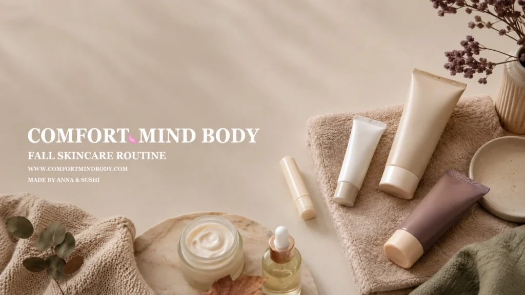 Fall skincare routine flat lay with moisturizer, serum, sunscreen, lip balm and hand cream