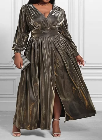 High-Waisted Shiny Solid Color Split-Front Long Sleeves Loose V-Neck Maxi Dresses