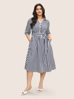 Striped Belted Shirt Collar Button Up Dress