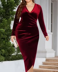 Asymmetric Solid Color Velvet Long Sleeves Plus Size Deep V-Neck Maxi Dresses