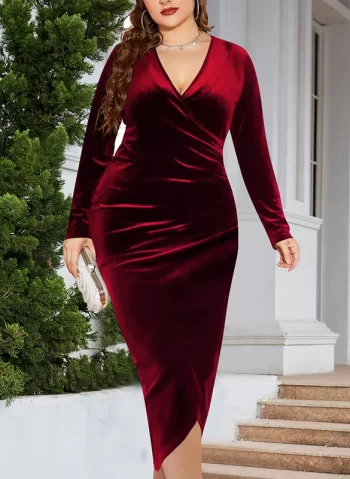 Asymmetric Solid Color Velvet Long Sleeves Plus Size Deep V-Neck Maxi Dresses