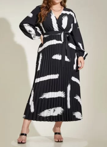 Pleated Printed Tied Waist Long Sleeves Loose V-Neck Maxi Dresses