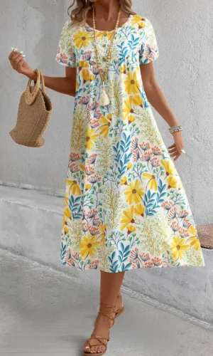 Floral Print Pocket Yellow A Line Short Sleeve Dress Rosewe®