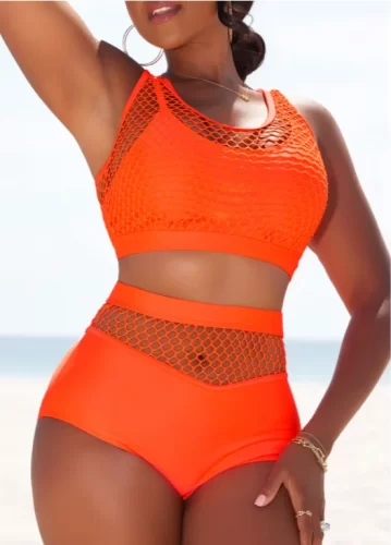 High Waisted Mesh Patchwork Orange Bikini Set Rosewe®