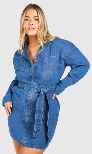 Plus Denim Pocket Tie Belt Dress