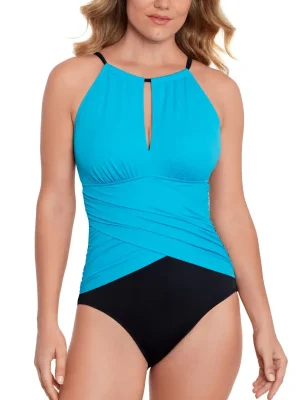 a woman in a blue swimsuit